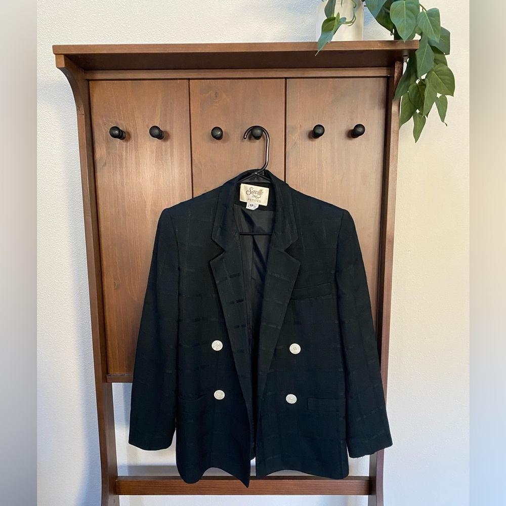 VTG Saville Black Checked Double Breasted Blazer w/White Buttons (Size:6p) - Picture 2 of 16